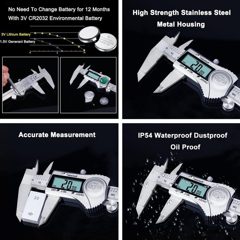 Kynup Digital Caliper, Caliper Measuring Tool Outside Micrometer, Vernier Dial Caliper, 6 Inch Caliper DIY Tool, Stainless Steel, IP54 Splash Proof, Inch Metric Fraction Switch, Large LCD Screen - Image 3
